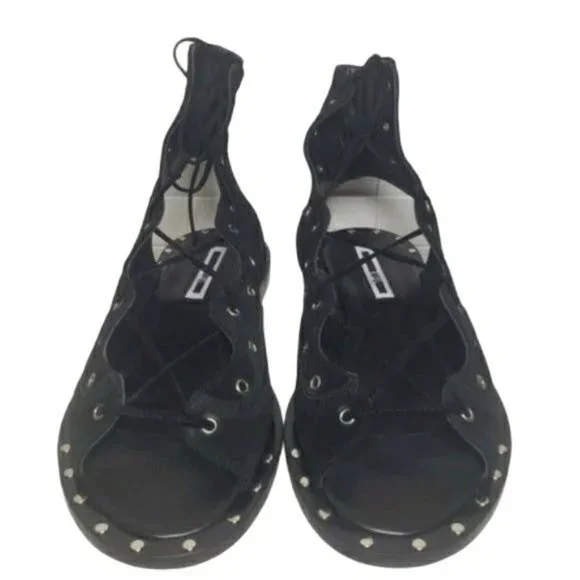 McQ Alexander McQueen Black Open Toe Lace Up Flats - Picture 3 of 12